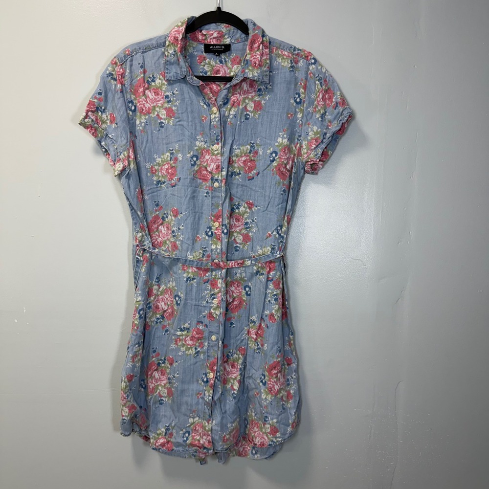Allen B. by Allen Schwartz Floral Tencel Shirt Dress Blue Pink Large 1M7158